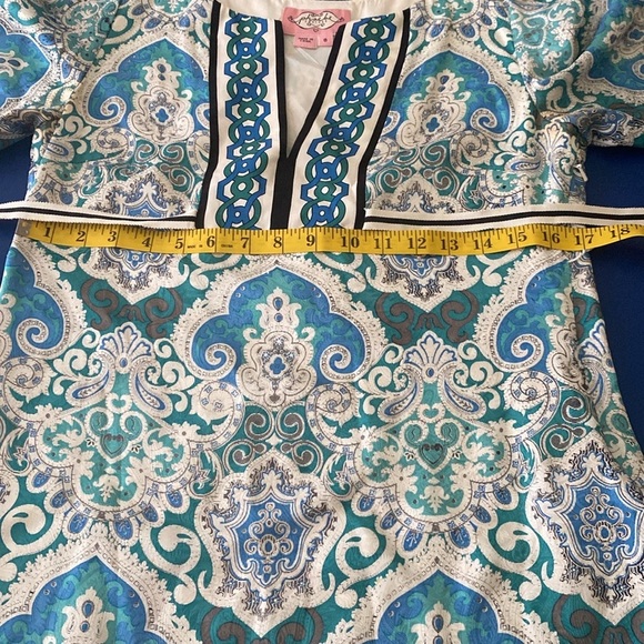 Phoebe Couture Blue & Green Silk Boho Short Sleeves Mini Dress size 8 - Picture 9 of 14